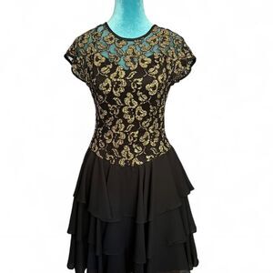 Vintage 80's Late Edition Women's Black w/ sheer Gold floral Ruffle Dress size 6